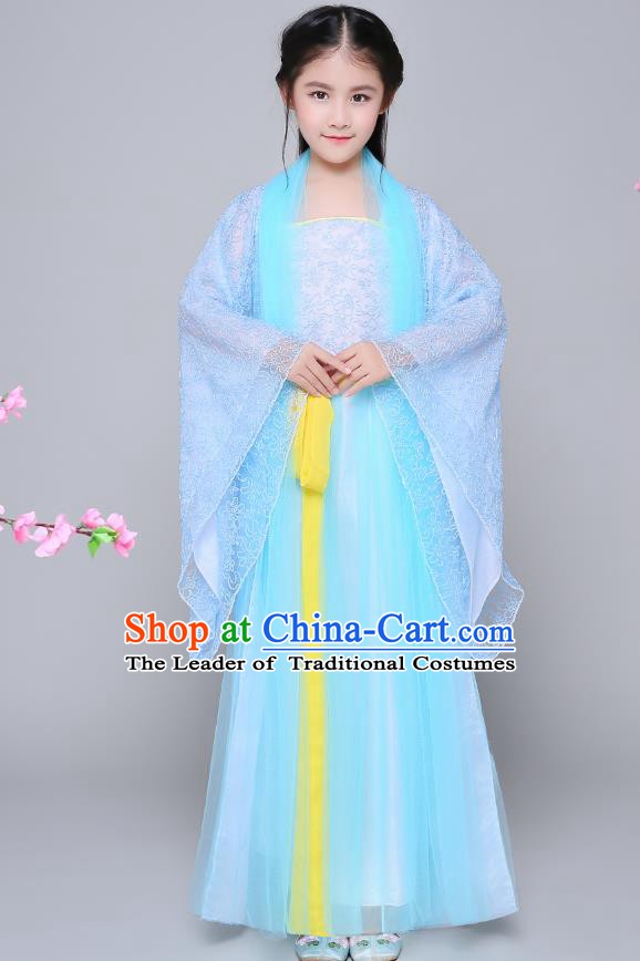 Traditional Chinese Tang Dynasty Palace Princess Costume, China Ancient Fairy Hanfu Embroidered Blue Dress for Kids