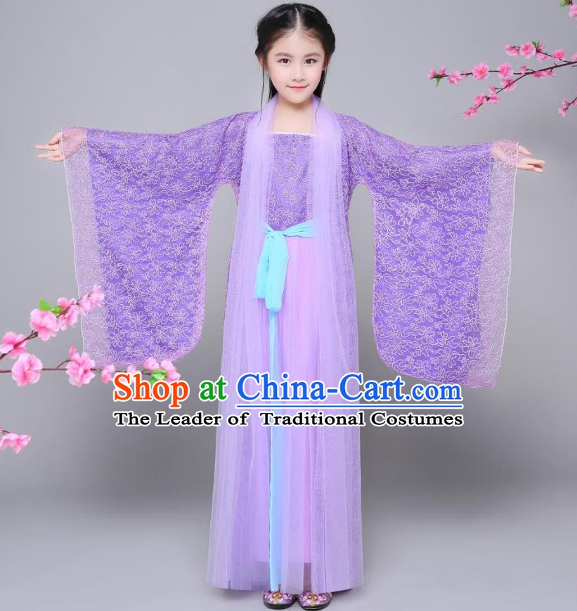 Traditional Chinese Tang Dynasty Palace Princess Costume, China Ancient Fairy Hanfu Embroidered Purple Dress for Kids