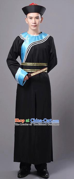 Traditional Chinese Qing Dynasty Court Eunuch Costume, China Manchu Imperial Bodyguard Black Robe for Men