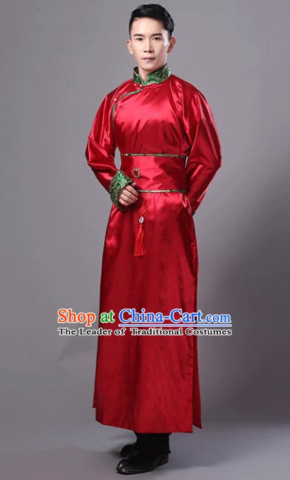 Traditional Chinese Qing Dynasty Minister Costume, China Ancient Manchu Prince Red Robe Clothing for Men