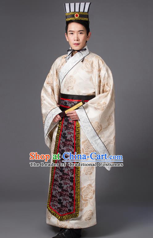 Traditional Chinese Han Dynasty Prime Minister Costume, China Ancient Chancellor Hanfu Printing Robe Clothing for Men