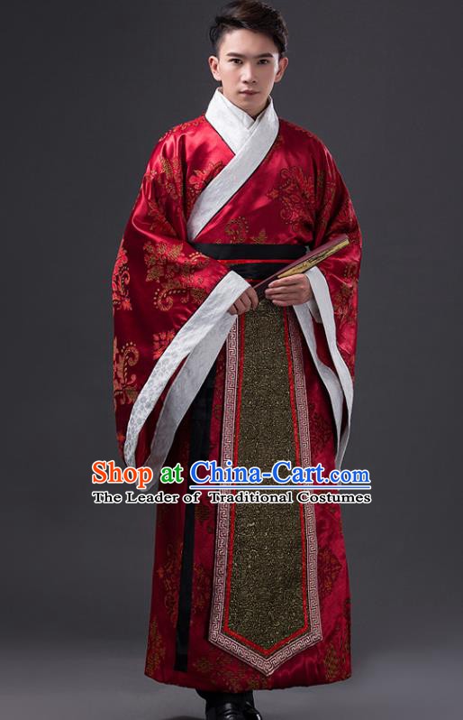 Traditional Chinese Han Dynasty Minister Wedding Costume, China Ancient Chancellor Hanfu Red Embroidered Robe Clothing for Men