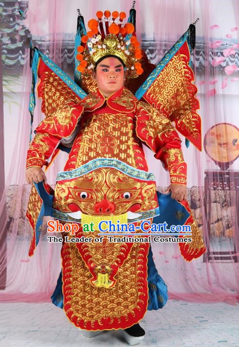 Chinese Beijing Opera General Costume Red Embroidered Robe, China Peking Opera Military Officer Embroidery Gwanbok Clothing