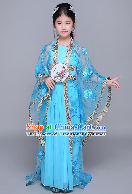 Traditional Chinese Tang Dynasty Fairy Palace Lady Costume, China Ancient Princess Hanfu Blue Dress Clothing for Kids