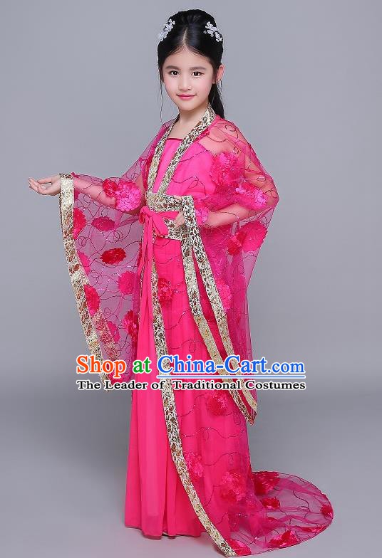 Traditional Chinese Tang Dynasty Fairy Palace Lady Costume, China Ancient Princess Hanfu Rosy Dress Clothing for Kids