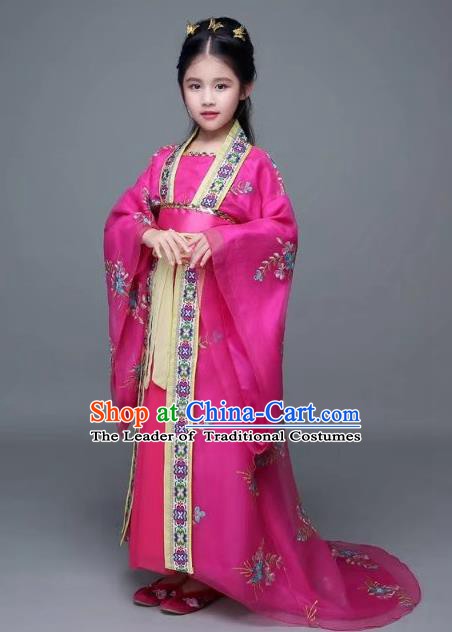 Traditional Chinese Ancient Imperial Concubine Trailing Costume, China Tang Dynasty Palace Lady Embroidered Clothing for Kids