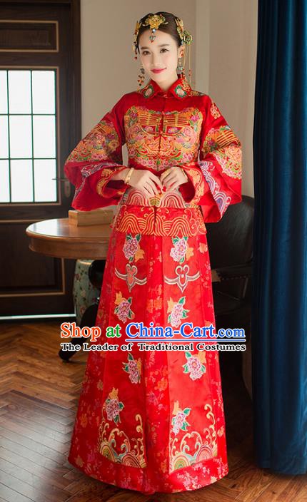 Chinese Traditional Bride Xiuhe Suit Costume China Ancient Wedding Cheongsam Embroidered Peony Clothing for Women