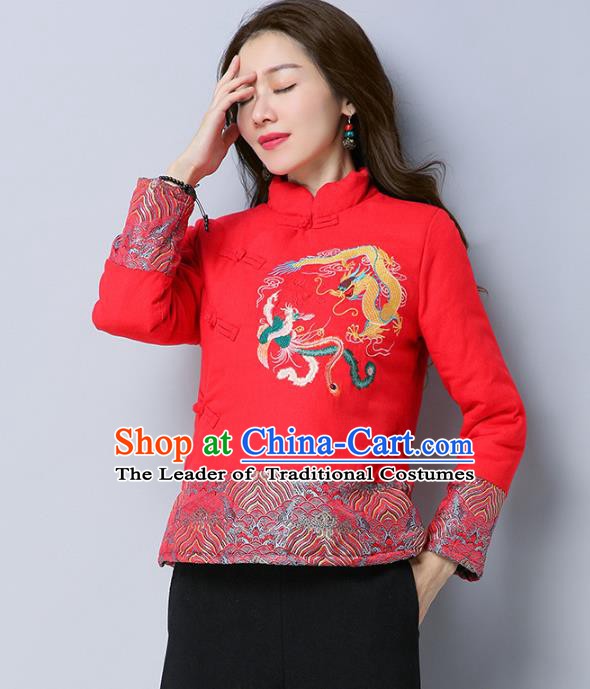 Traditional Chinese National Costume Hanfu Embroidered Dragons Red Cotton-padded Jacket, China Tang Suit Coat for Women