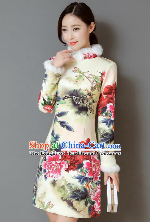 Traditional Chinese National Costume Hanfu Printing Peony Qipao, China Tang Suit Cheongsam Dress for Women