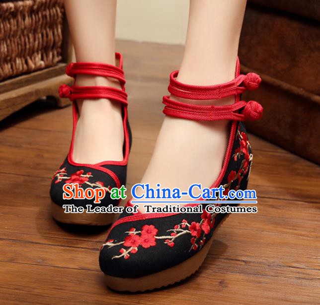 Asian Chinese Black Cloth Embroidered Shoes, Traditional China Princess Shoes Hanfu Embroidery Wintersweet Shoes for Women