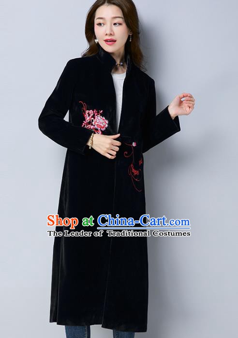 Traditional Chinese National Costume Hanfu Printing Black Cotton-padded Coats, China Tang Suit Dust Coat for Women