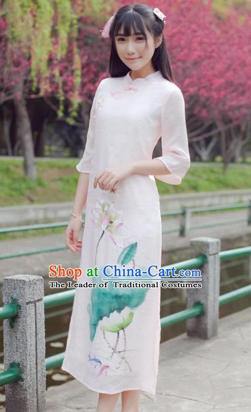 Traditional Chinese National Costume Hanfu Printing Lotus Pink Qipao, China Tang Suit Cheongsam Dress for Women