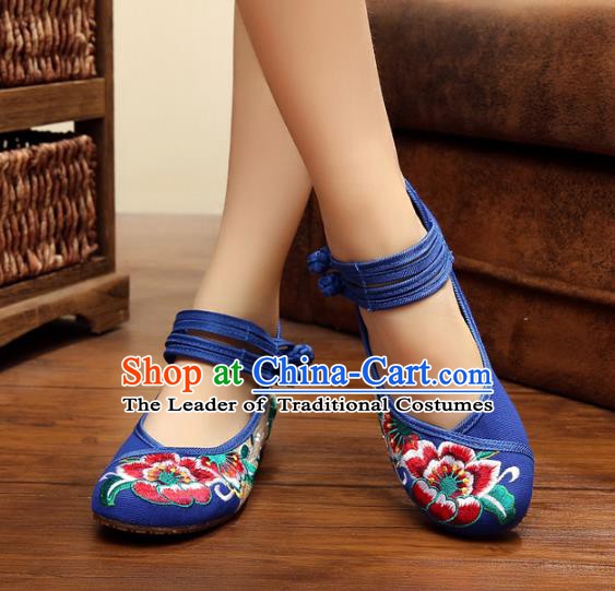 Asian Chinese National Blue Embroidered Peony Shoes, Traditional China Princess Shoes Hanfu Embroidery Shoes for Women