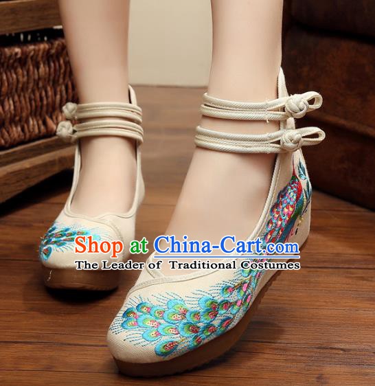 Asian Chinese National White Embroidered Peacock Shoes, Traditional China Princess Shoes Hanfu Embroidery Shoes for Women