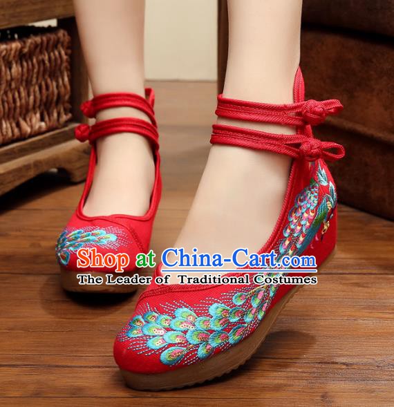 Asian Chinese National Red Embroidered Peacock Shoes, Traditional China Princess Shoes Hanfu Embroidery Shoes for Women