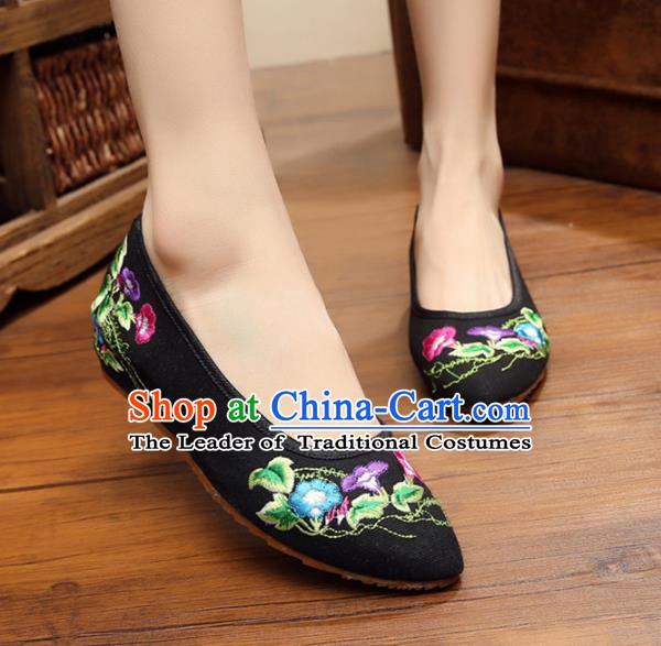 Asian Chinese National Black Embroidered Shoes, Traditional China Princess Shoes Hanfu Embroidery Petunia Shoes for Women