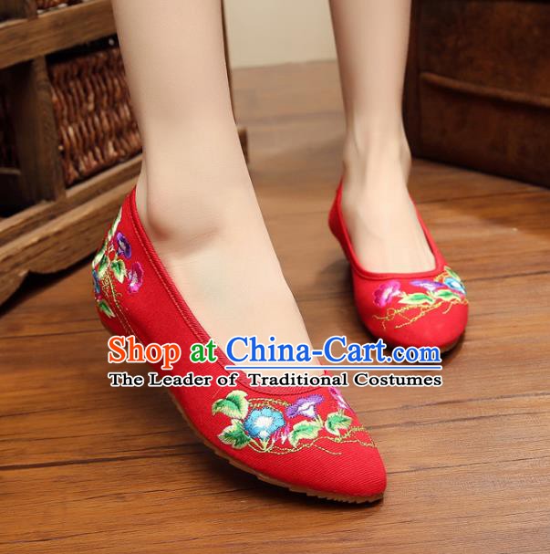 Asian Chinese National Red Embroidered Shoes, Traditional China Princess Shoes Hanfu Embroidery Petunia Shoes for Women