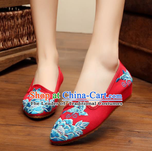 Traditional Chinese National Embroidered Shoes, China Princess Shoes Hanfu Embroidery Peony Red Shoes for Women