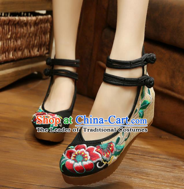 Traditional Chinese National Black Linen Embroidered Peony Shoes, China Princess Shoes Hanfu Embroidery Shoes for Women