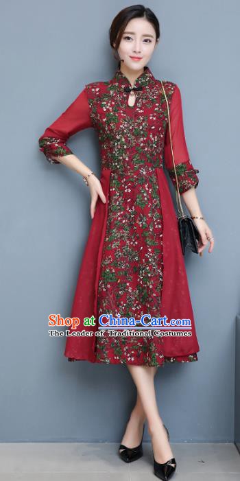 Traditional Chinese National Costume Hanfu Red Stand Collar Qipao Dress, China Tang Suit Cheongsam for Women