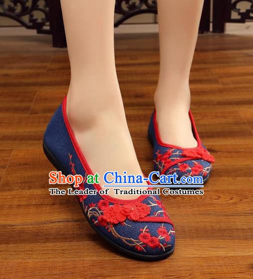 Traditional Chinese National Hanfu Wedding Navy Embroidered Shoes, China Princess Embroidery Wintersweet Shoes for Women