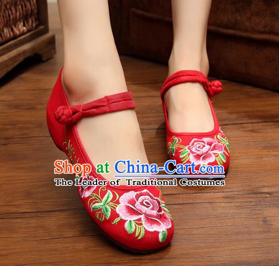 Traditional Chinese National Hanfu Shoes Red Embroidered Peony Shoes, China Princess Shoes Embroidery Shoes for Women