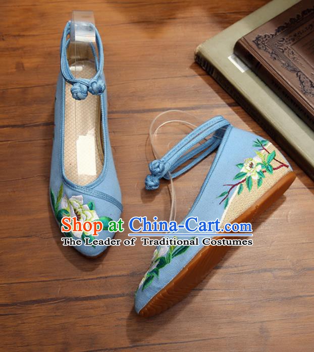 Traditional Chinese National Hanfu Shoes Blue Embroidered Shoes, China Princess Shoes Embroidery Flowers Shoes for Women