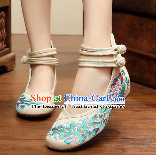 Traditional Chinese National Hanfu Thin Shoes White Embroidered Shoes, China Princess Embroidery Peacock Shoes for Women