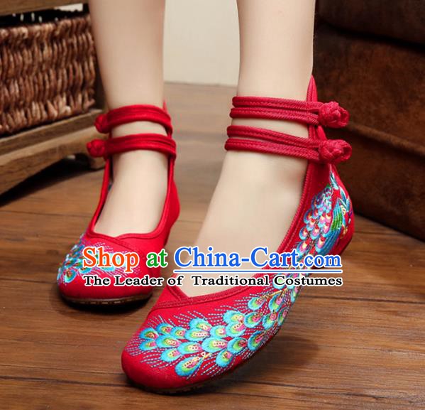 Traditional Chinese National Hanfu Thin Shoes Red Embroidered Shoes, China Princess Embroidery Peacock Shoes for Women