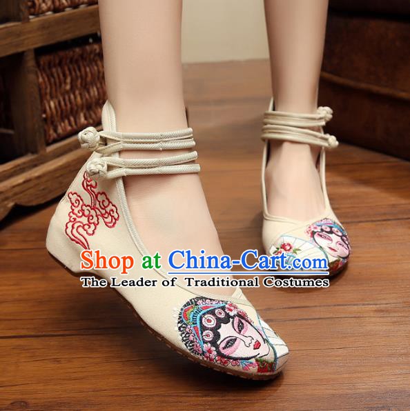 Traditional Chinese National Hanfu Shoes White Canvas Embroidered Shoes, China Princess Embroidery Shoes for Women