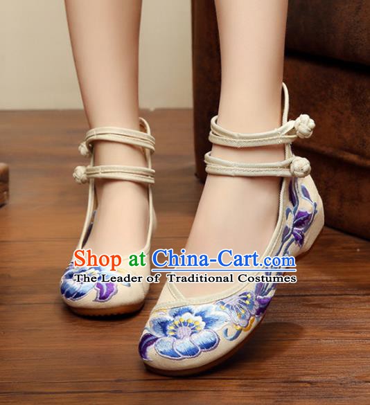 Traditional Chinese National White Canvas Shoes Embroidered Peony Shoes, China Princess Embroidery Shoes for Women
