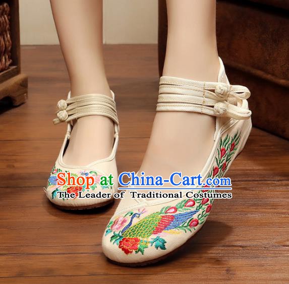 Traditional Chinese National White Embroidered Shoes, China Princess Embroidery Phoenix Peony Shoes for Women