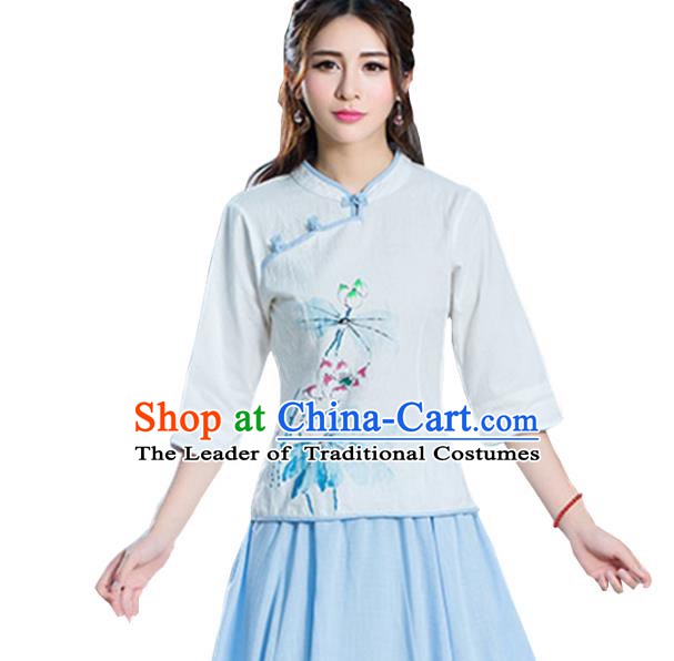 Traditional Chinese National Costume Hanfu Painting Lotus Blouse, China Tang Suit Cheongsam Upper Outer Garment Shirt for Women
