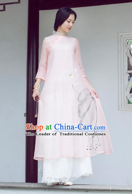 Traditional Chinese National Costume Hanfu Ink Painting Lotus Pink Qipao Dress, China Tang Suit Cheongsam for Women
