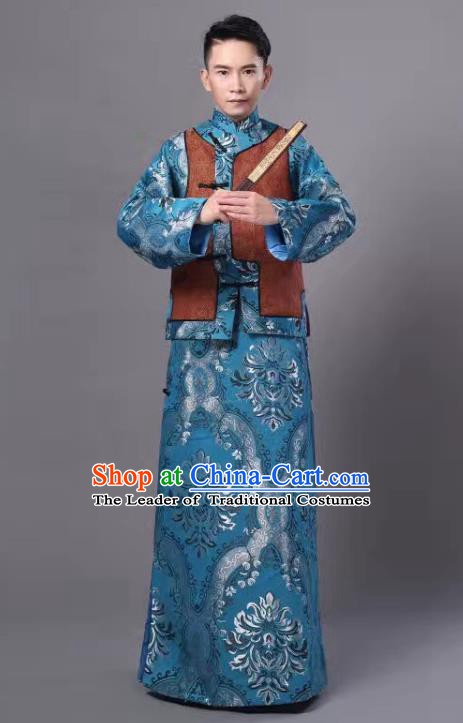 Traditional Chinese Qing Dynasty Court Prince Costume, China Ancient Manchu Embroidered Robe and Mandarin Jacket for Men