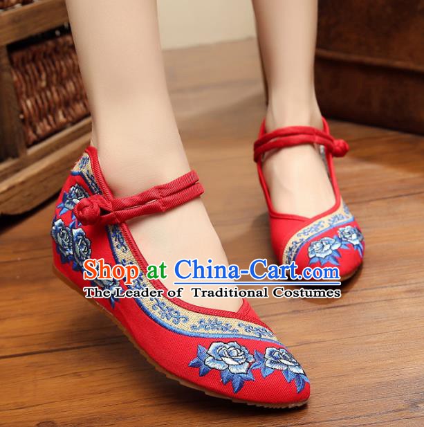 Traditional Chinese National Red Hanfu Linen Embroidered Shoes, China Princess Shoes Embroidery Flowers Shoes for Women