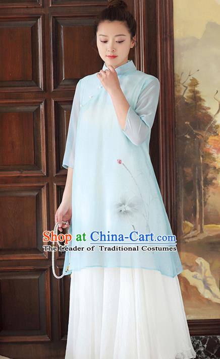 Traditional Chinese National Costume Hanfu Printing Lotus Blue Qipao Dress, China Tang Suit Cheongsam for Women