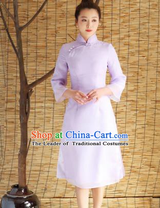 Traditional Chinese National Costume Hanfu Purple Stand Collar Qipao Dress, China Tang Suit Cheongsam for Women