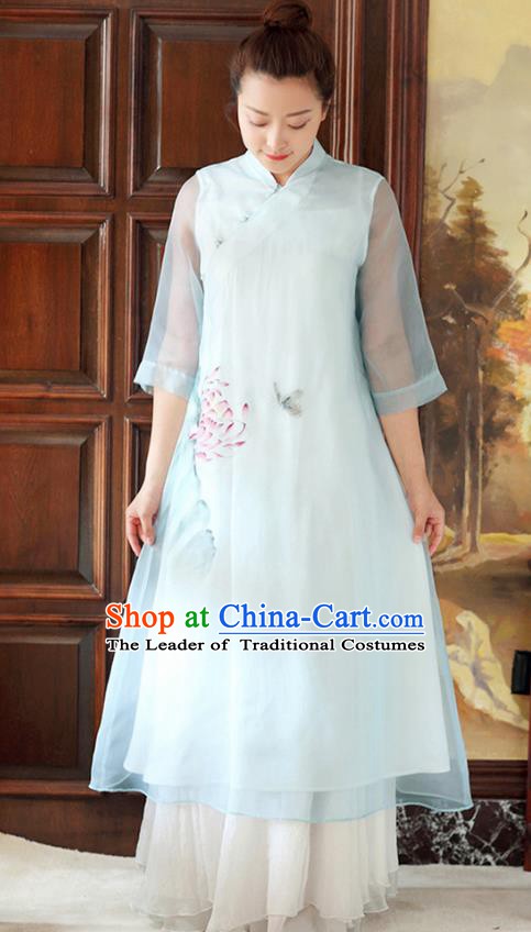 Traditional Chinese National Costume Hanfu Ink Painting Lotus Blue Qipao Dress, China Tang Suit Cheongsam for Women