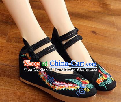 Traditional Chinese National Hanfu Wedding Black Embroidered Shoes, China Princess Embroidery Phoenix Shoes for Women