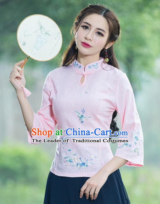 Traditional Chinese National Costume Hanfu Embroidery Pink Blouse, China Tang Suit Cheongsam Upper Outer Garment Shirt for Women