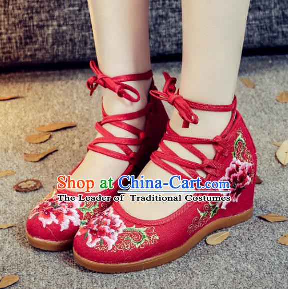 Traditional Chinese National Hanfu Red Wedge Heel Embroidered Shoes, China Princess Embroidery Peony Shoes for Women