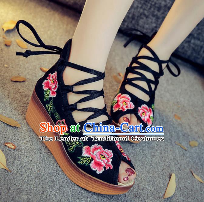 Traditional Chinese National Hanfu Black Embroidered Shoes, China Princess Embroidery Peep-toe Shoes for Women