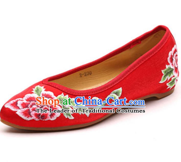 Traditional Chinese National Hanfu Embroidered Shoes, China Princess Embroidery Peony Red Shoes for Women
