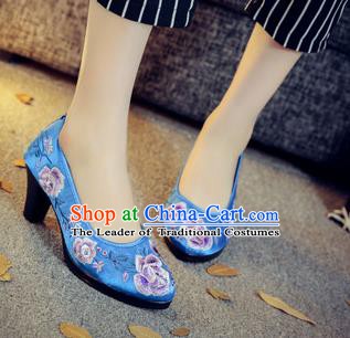 Traditional Chinese National Hanfu Blue Embroidered Shoes, China Princess Embroidery Peony High-heeled Shoes for Women