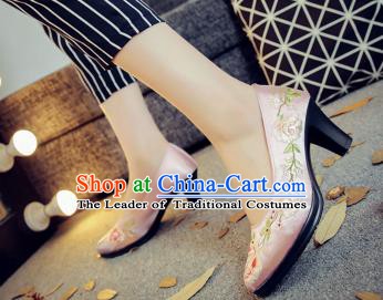 Traditional Chinese National Hanfu Pink Embroidered Shoes, China Princess Embroidery Peony High-heeled Shoes for Women