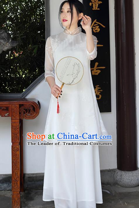 Traditional Chinese National Costume Hanfu White Embroidered Qipao Dress, China Tang Suit Cheongsam for Women