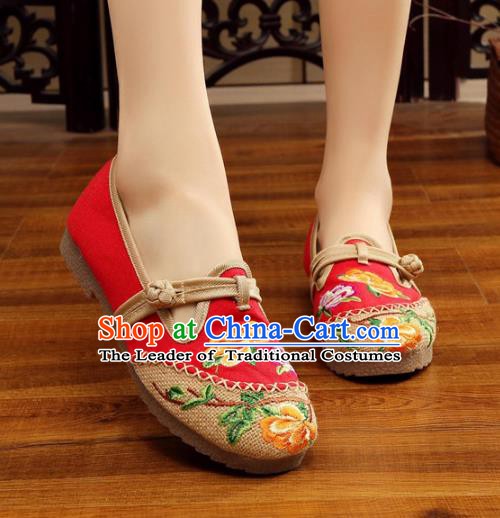 Traditional Chinese National Hanfu Embroidery Peony Linen Shoes, China Princess Red Embroidered Shoes for Women