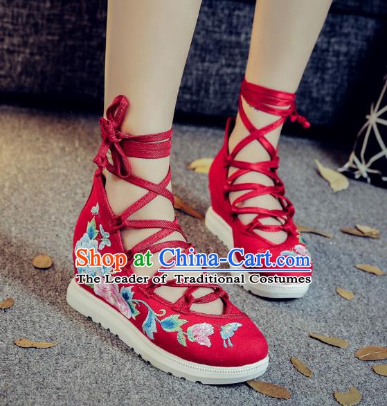 Traditional Chinese National Hanfu Red Embroidered Shoes, China Princess Embroidery Peony Shoes for Women