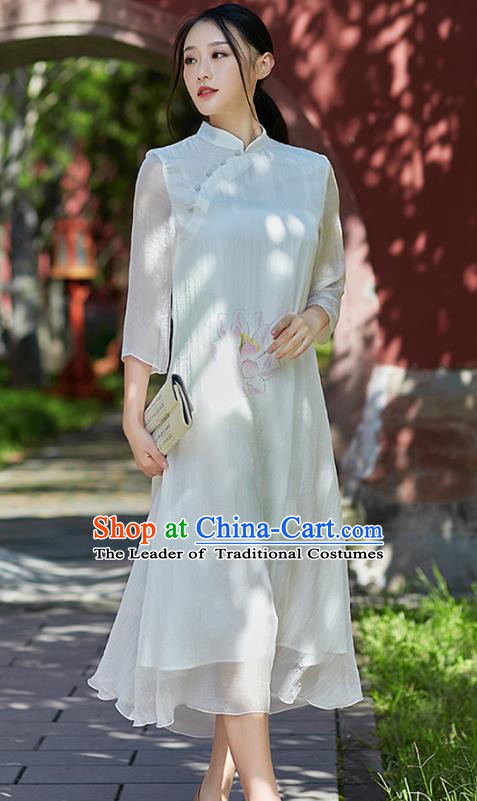 Traditional Chinese National Costume Hanfu Painting Lotus White Qipao Dress, China Tang Suit Cheongsam for Women